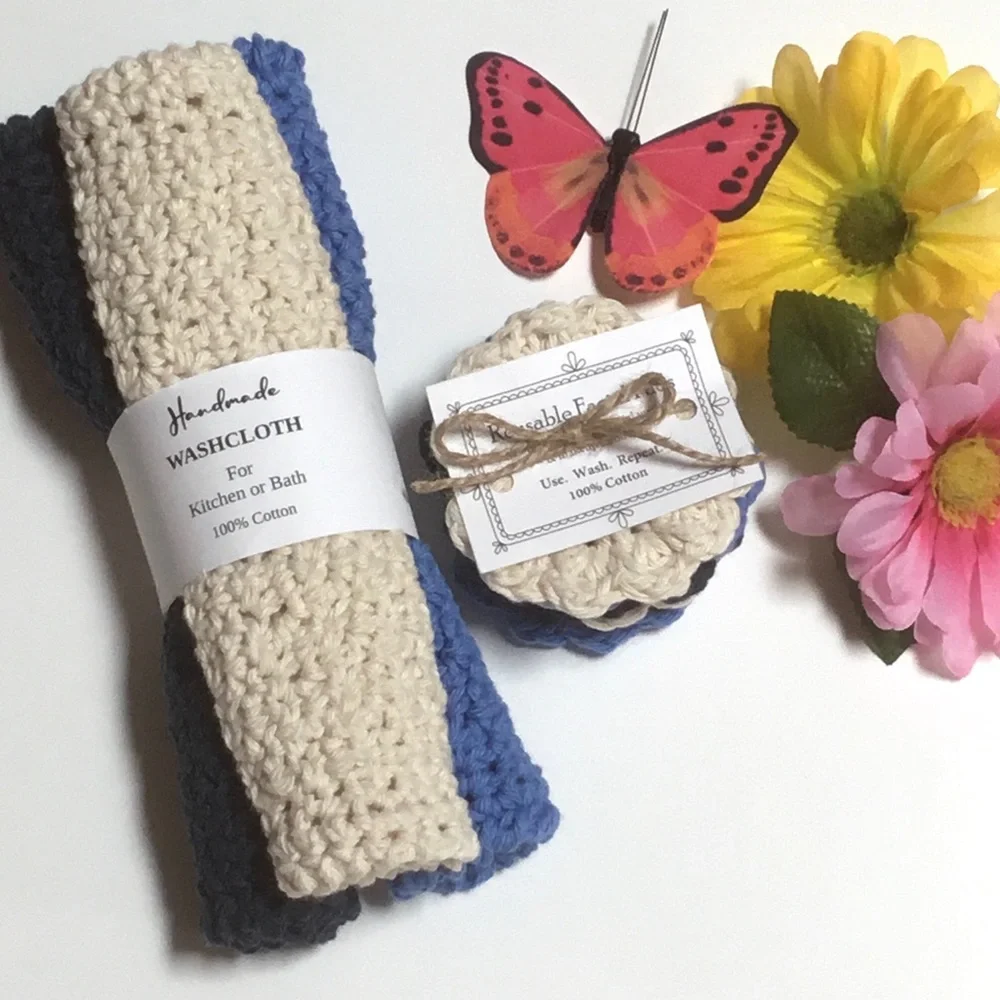 🆕 Cotton Wash Cloth Facial Scrubbies Set Handcrafted Reusable 9 Piece Set